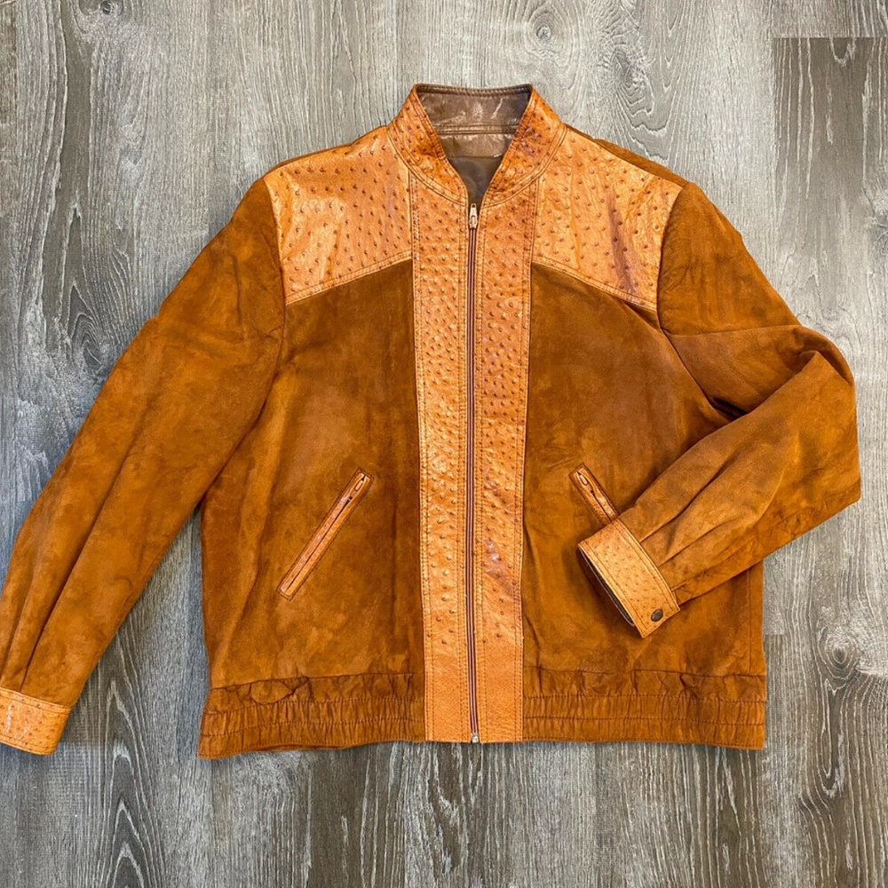 Mens XXL 46 Full Quill Ostrich Trim Leather Jacket France Buttercup Soft Suede